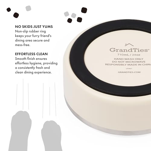 GrandTies Futternapf aus Edelstahl mit Gravur, wiederverwendbar, BPA-frei, isoliert, groß, robust, rutschfest, auslaufsicher, Wassernapf für den Außenbereich, 680 ml, Elfenbeinweiß