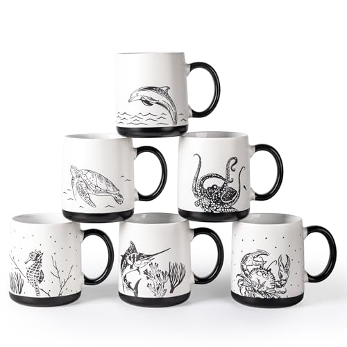 AmorArc Large Coffee Mugs Set of 6, 18oz Ceramic Coffee Cups with Sea Life Textured Patterns for Tea Latte Cocoa. Easy to Hold&Clean, Dishwasher&Microwave Safe, Matte