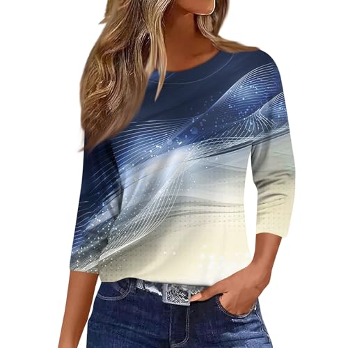 Tops Damen 3/4 arm Rundhals Oberteile Basic Casual Tunika Drucken Shirts Elegant Lässig T-Shirt Blau XL