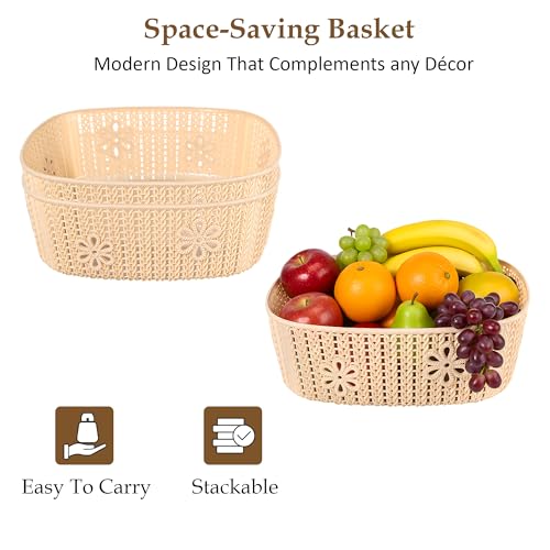 Image of Kuber Industries 3 Pcs Plastic Small Fruit Basket for Dining Table | Snacks, Groceries and Vegetable Basket for Kitchen Storage | Iceland Design - Cream