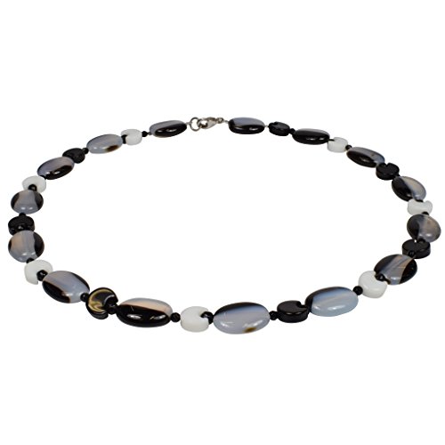 Funk-Collier Edelstein Kette Mond Achat mit schwarzen und weissen Mond-Elementen, ca. 47 cm, 925oo Silber