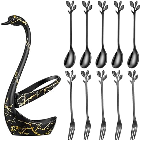 AnSaw Black Swan Base Holder Set with 10 Pcs 4.7" Mini Leaf Teaspoons & Dessert Forks - Perfect for Appetizers,Salads,Cakes,Fruits,Cocktails,Tea,Espresso - Beautify Your Charcuterie Board Layout Cover