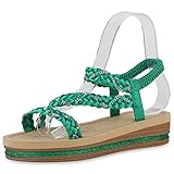  VAN HILL Damen Sandaletten Keilsandaletten Strass Schuhe Keilabsatz Satinoptik Sommersandaletten Glitzer Freizeitschuhe 211763 Grün 39