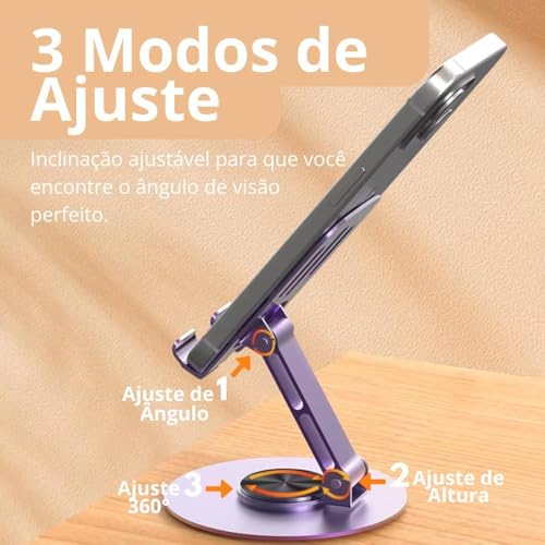 Suporte de Celular de Mesa em Alumínio com Base Rotativa 360° - Ajustável e Dobrável para Smartphone