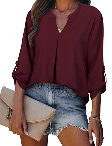 Gaharu Blusa regata feminina de verão, casual, gola V, sem mangas, túnica, #07 Dark Red (Rolled Slee
