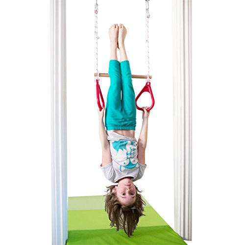 DreamGYM Doorway Swing for Kids Indoor - Trapeze Bar and Red Gymnastic Rings Combo - Thumbnail 6