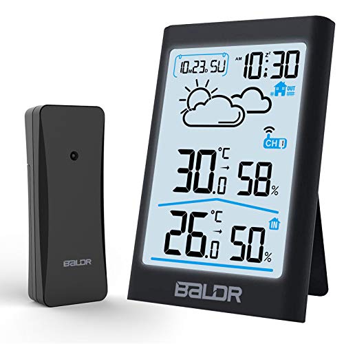 BALDR Wireless Weather Station, Digital Indoor Outdoor Thermometer Hygrometer with Backlight LCD Display and External Sensor, Ideal for Weather Forecast Monitoring, Alarm Clock - Black