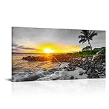 LevvArts Large Size Hawaii Sunset Wall Art Canvas Prints Tropical Beach with Palm Tree Picture Maui Landscape Painting Artwork for Home Living Room Ready to Hang 24'x48'