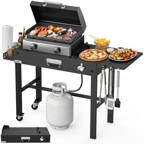 BESTFIRE Grill Table for Blackstone Griddle 14-28', Foldable Grill Cart with Wheels, Portable Outdoor Grill Prep Table, Folding Camping Grill Side Table for BBQ, Tailgating & Backyard Cooking