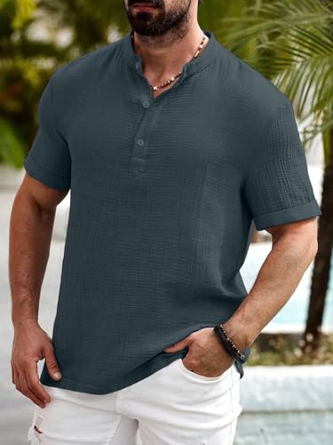 Image of Men Shirt | Black Textured Cotton Blend | Regular Fit Casual Shirt | Half Short Sleeve | Mandarin Chinese Collar | Button Down | Summer Office Wear | Stylish Shirt for Men