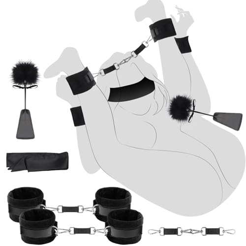 BDSM Sex Toys Divers Accessoires de Menottes du Poignet à la Cheville avec Harnais, Sexuelle Adulte Couple Équipement de Bondage Réglable,Outils avec Bandeau et Pagaie de Culture Tickler SM Games