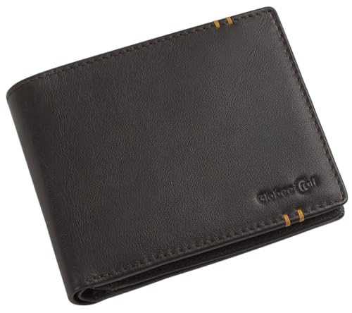 GlobeeCraft Carteira homem pele autêntica, cor castanha, design clássico com bolso interior, espaço para 4 cartões, carteira de couro para homem, compacta e duradoura