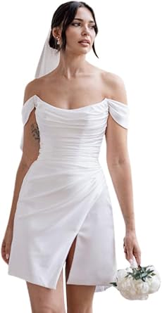 Bride After Wedding Party Dresses with Slit 2025 Short White Wedding Gowns for Bride Beach Boho Scoop Neck Satin Bridal Gown US2