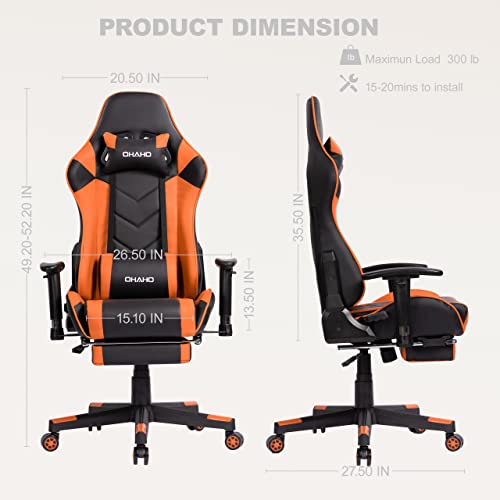 Ohaho Gaming Chair Racing Style Office Chair Adjustable Massage Lumbar Cushion Swivel Rocker Recliner Leather High Back Ergonomic Computer Desk Chair With Retractable Arms And Footrest (Black/Orange) #TOP6