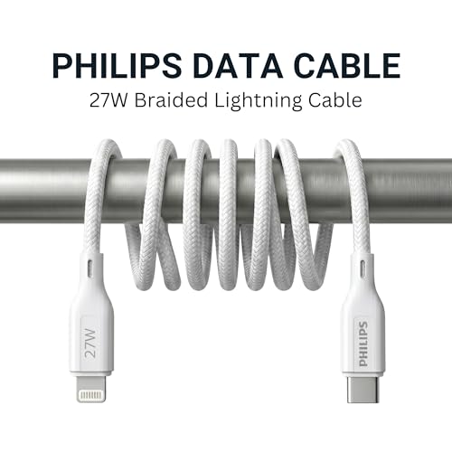 Image of PHILIPS DLC4130LW /94 27W iPhone Original Type-C to Lightning Fast Charging Cable (1m, Bright White) | MFi Certified | 480Mbps | Nylon Braided | Compatible with iPhone & Other Lightning Devices