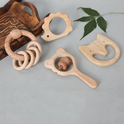 Image of Babbles Neem Wood Teethers for Babies | Wooden Teethers for 6 to 12 Months Baby | Natural and Antibacteria (Cat+Hedgehog+Micky Head+Ring)