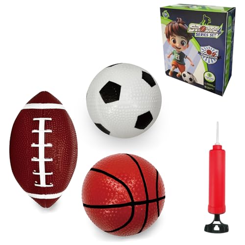 A box ofof 3 Toy Sports Balls with 1 Pump for Toddlers and Kids: 4.7-Inch Basketball, 4.7-Inch Football, 6.3-Inch American football. Suitable for indoor and outdoor family games, garden toys.