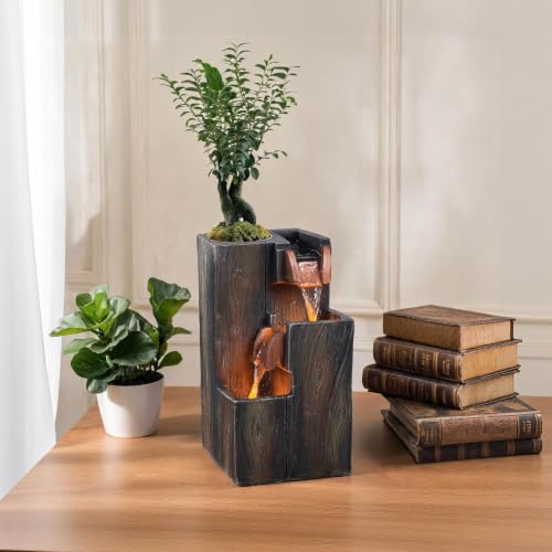 Image of GOSSI Tabletop Water Fountain with LED Light, 3-Tier Indoor Waterfall Fountain with Planter, Zen Water Feature Decor for Home Office Desk Bedroom Meditation