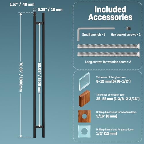 Ranbo 71" Large Push Pull Door Handle, 1500mm (59 1/16") CTC, 1.2mm Thick 304 Stainless Steel, Fits 6–19mm (1/4"–3/4") Glass Doors, for Front, Entry, Commercial and Long Doors, Matte Black by Ranbo - Image 3