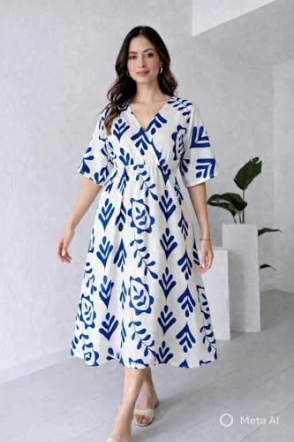 Image of Women Printed Midi Dress V-Neck Short Sleevless Maroon Pattern A-Line Dress