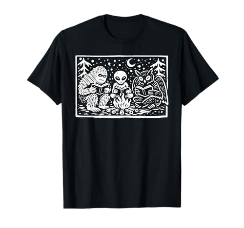 Vintage Bigfood Alien Reading Book Camfire Cryptid Librarian T-Shirt