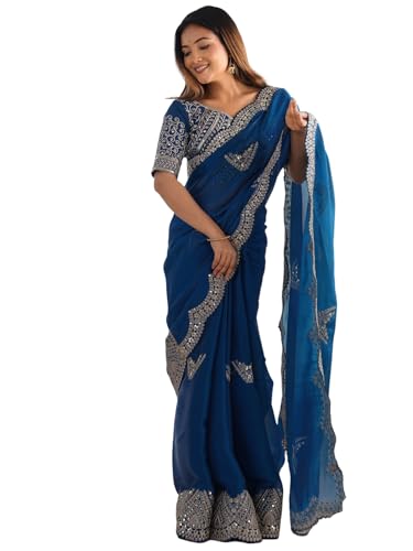Image of Satrani Women's Tissue Silk Sequin Embroidery Scalloped Border Saree with Unstitched Blouse Piece