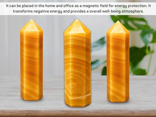 Image of Amazing Gemstone Large Yellow Calcite Crystal Towers ~ Natural Healing Crystal Point Obelisk for Reiki Healing and Crystal Grid (5.5 to 6 INCH)