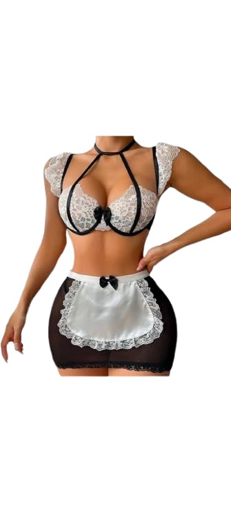 Beauty Lace Maid Lingerie Set for Women Halter Strap Bra Sheer Mesh Mini Skirt Apron Costume Babydoll Nightwear Roleplay Outfit Honeymoon Sleepwear Romantic Gift Black White-image-38