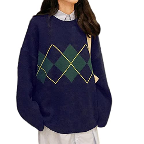 Myazs Suéter de manga larga con cuello redondo para mujer, diseño de rombos a cuadros, ropa de punto de gran tamaño, chaleco para mujer