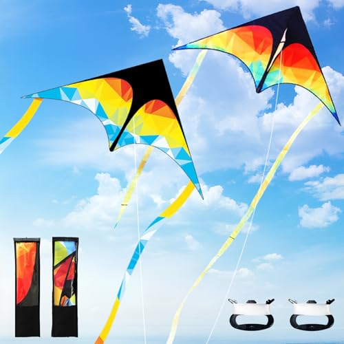 Cometas para Niños, Dwafill Paquete de 2 Cometas con 200 Metros de Cuerda, Adecuadas para Parques, Interacción Entre Padres e Hijos y Juguetes al Aire Libre para Niños, Otoño, Playa (Naranja)