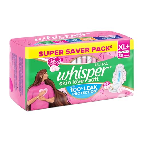 Whisper Ultra Soft Sanitary Pads for Women, XL+, Pack of 30 Napkins