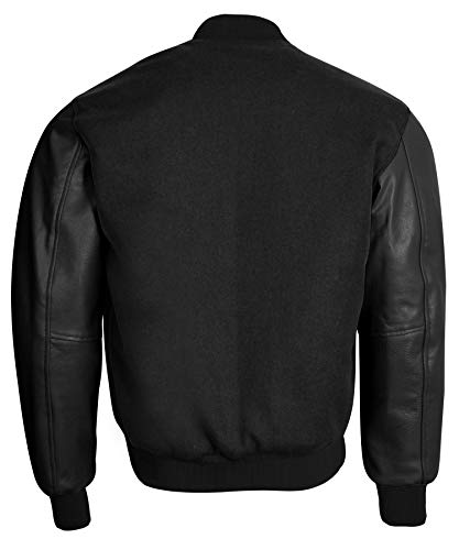 Varsity Letterman Baseball Bomber Retro Vintage Jacket Black Wool Black Genuine Leather Sleeves (3Xl) #TOP1