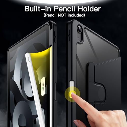 JETech 回転ケース iPad Air 11インチ M3/M2 (2025/2024)、iPad Air 5/4用 (2022/2020、第5/4世代、10.9インチ) Pencilホルダー付き 360°回転保護 スタンドカバー クリアバック 自動ウェイク/スリープ (ブラック)
