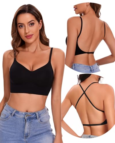 lemolly Low Back Bra - Open Back Backless Bra, Padded Bralette for Women Seamless Multiway Criss Cross Halter Bras S Black