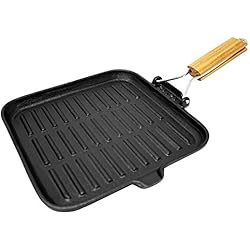 Sartenes Continental ToCi Big BBQ sartén cuadrada de hierro fundido con mango de madera plegable, sartén acanalada, sartén universal de 22 cm.