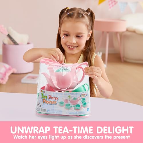 JOYIN 18PCS Pretend Tea Party Set, Plastic Tea Set, Mini Kitchen for Kids, Gifts for Toddler Boys Girls Ages 3 4 5 6 Years Old, Easter Birthday Gifts