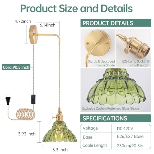 Image of Shenmoyl Vintage Wall Sconce with Green Lily of the Valley Glass Shade Hanging Wall Sconce with 4.9FT Plug in Cord, Modern Wall Lamp Fixtures Decor for Bedside Bedroom Indoor Doorway