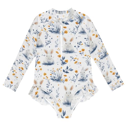 White Rabbit Grass Girls Long Sleeve Swimsuit Rash Guard One Piece Bathing Suits Zipper 3-12T