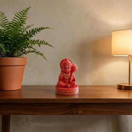 Image of Baal Hanuman Idol Red Murti Sitting Pose with Gada | 8cm Height | 3D Printed | Hanuman Chalisa Doha Inscribed Base | Home Temple | Car Dashboard Decor | Devotional Figurine