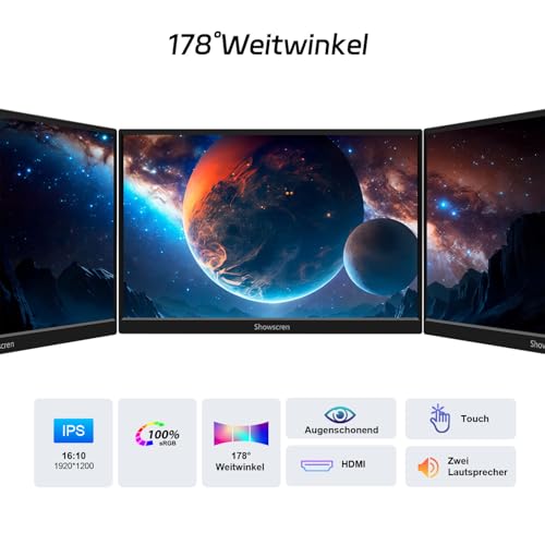 Showscren Update 14-Zoll-Touchscreen-Monitor, IPS-Display FHD 1920 x 1200, 350 cd/m² Helligkeit, eingebauter Lautsprecher, tragbarer HDMI USB-C Monitor, kompatibel mit Raspberry Pi 5/4B/3B+/3B