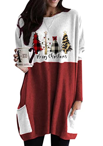 OMZIN Women's Casual Round Neck Tops Long Sleeve Christmas Tree Printed Sweatshirt Soft Thick Tee Christmas Tree 3XL