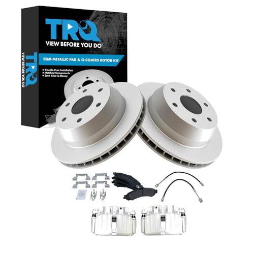Image of TRQ Rear Brake Pad and Rotor Set Semi Metallic G Coated Rotors Calipers Compatible with 2003-2005 Chevrolet Silverado 1500 2004-2005 GMC Sierra 1500