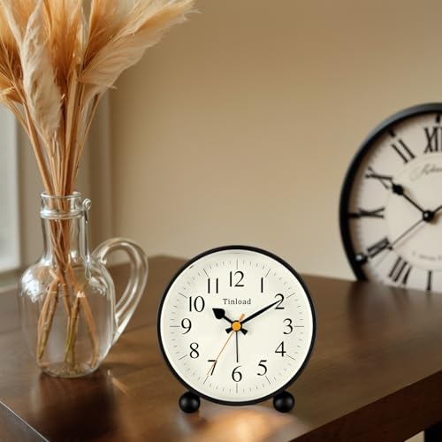 Image of Tinload 4.5 inch Vintage Retro Analog Alarm Clock, Super Silent Non Ticking Small Clock with Manual Light, Snooze, Battery Operated, for Living Room, Bedroom, Bedside, Desk(Black)