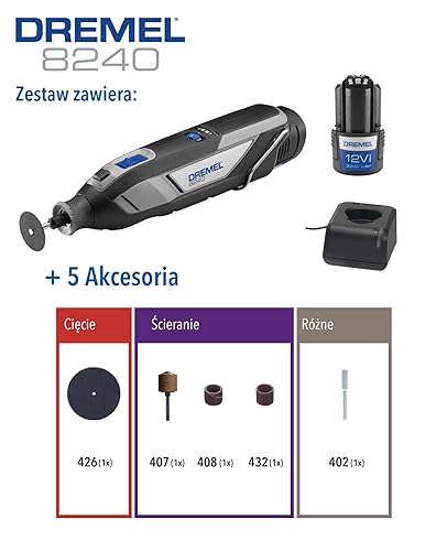 Dremel 8240 akumulatorowe narzędzie obrotowe 12V 2Ah, akumulator litowo-jonowy, zestaw narzędzi wielofunkcyjnych z 5 akcesoriami, zmienną prędkością 5.000-35.000 obr.