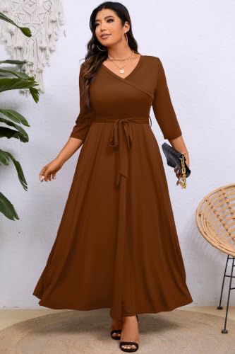 Image of Runwind Plus Size Dress for Women - 3 /4 Sleeve V Neck Maxi Dresses for Women (XL-6XL)