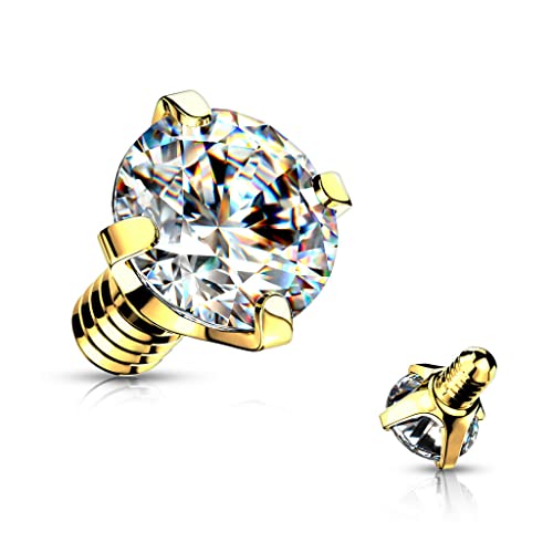 3 Pc 14G CZ Gold Yellow Gold Prong Set Dermal Anchor Tops 4 mm - Gold