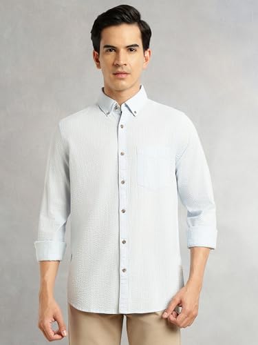 Image of Thomas Scott Men's | Slim Fit | Striped Design | Button-Down Collar | 100% Cotton Casual Shirt for Mens