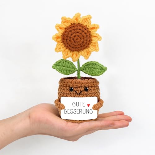 Aurasky Gehäkelte Sonnenblume, Gute Besserung Blume, Pocket Hug Sonnenblume mit Umarmung Glücksbringer, Gestrickte Blumenpuppe, Mutmacher Geschenk für Freund Familie Kollegen
