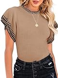Saodimallsu Women’s Summer Flutter Sleeve Tops Short Sleeve Sweaters Striped Crewneck Soft Lightweight Loose Knit Shirts Khaki