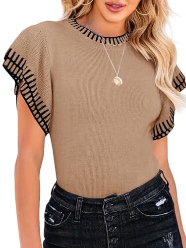 Image of Saodimallsu Womens Short Sleeve Sweater Summer Striped Top Soft Knit Shirts